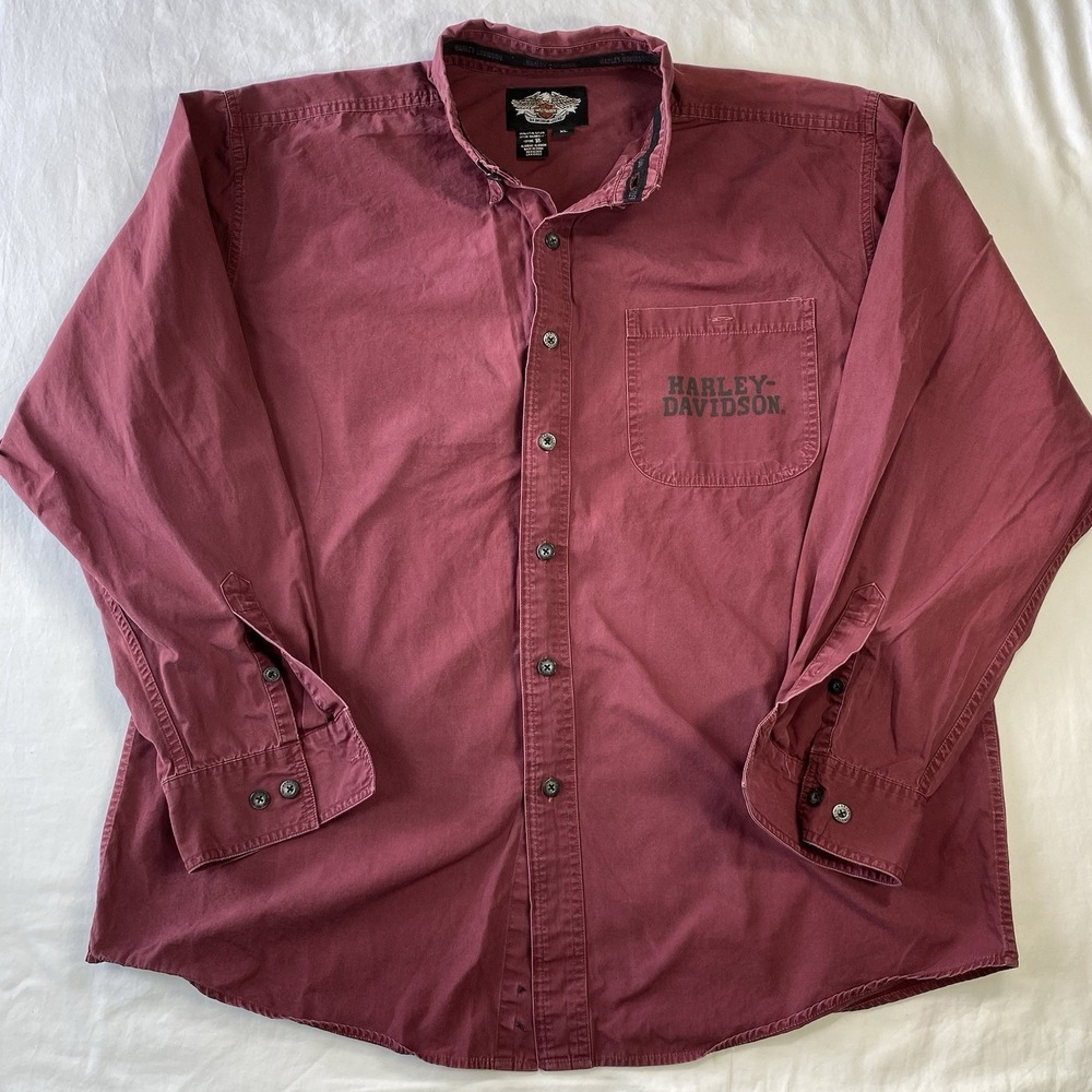 Harley-Davidson Men's XL Burgundy Cotton Woven Button-Up Shirt Logo Pockets